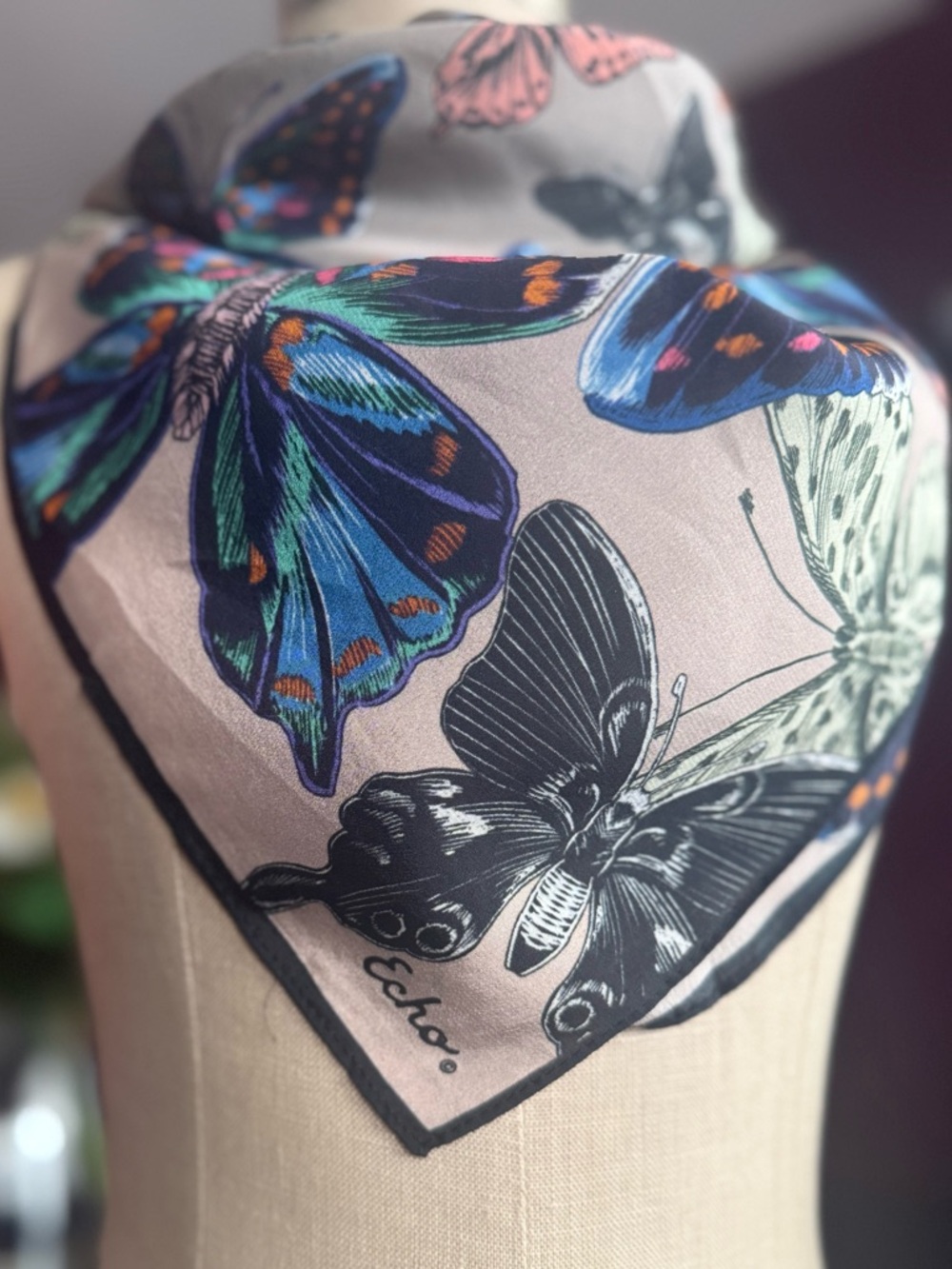 Vintage ECHO 100% Silk Square Scarf – Vibrant Butterfly Print - Picture 2 of 16